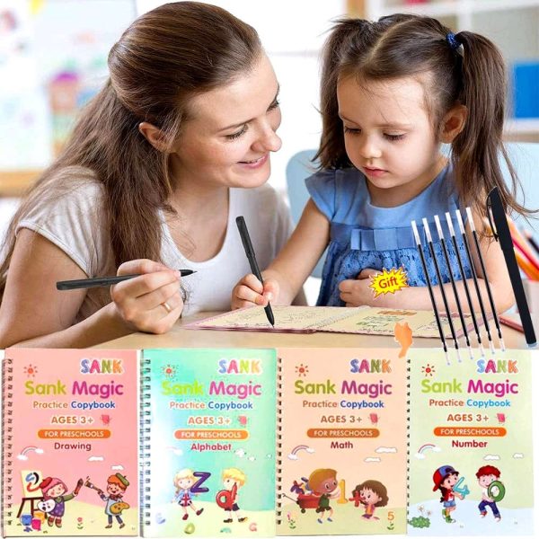Sank Magic Tracing Books – Set of 4 Peice with magic pen & 10 refills. Fun, reusable handwriting practice for preschool kids - My Store